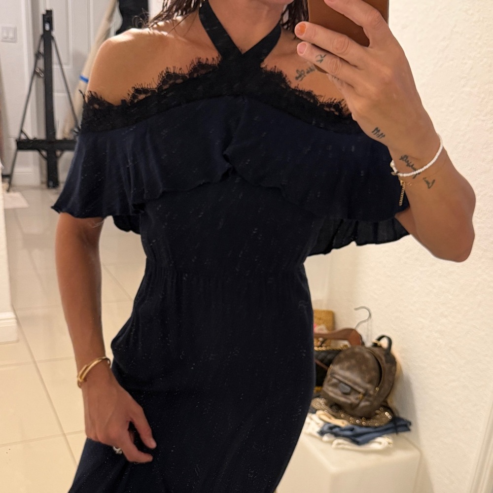 Alice + Olivia Navy Off-Shoulder Midi Dress